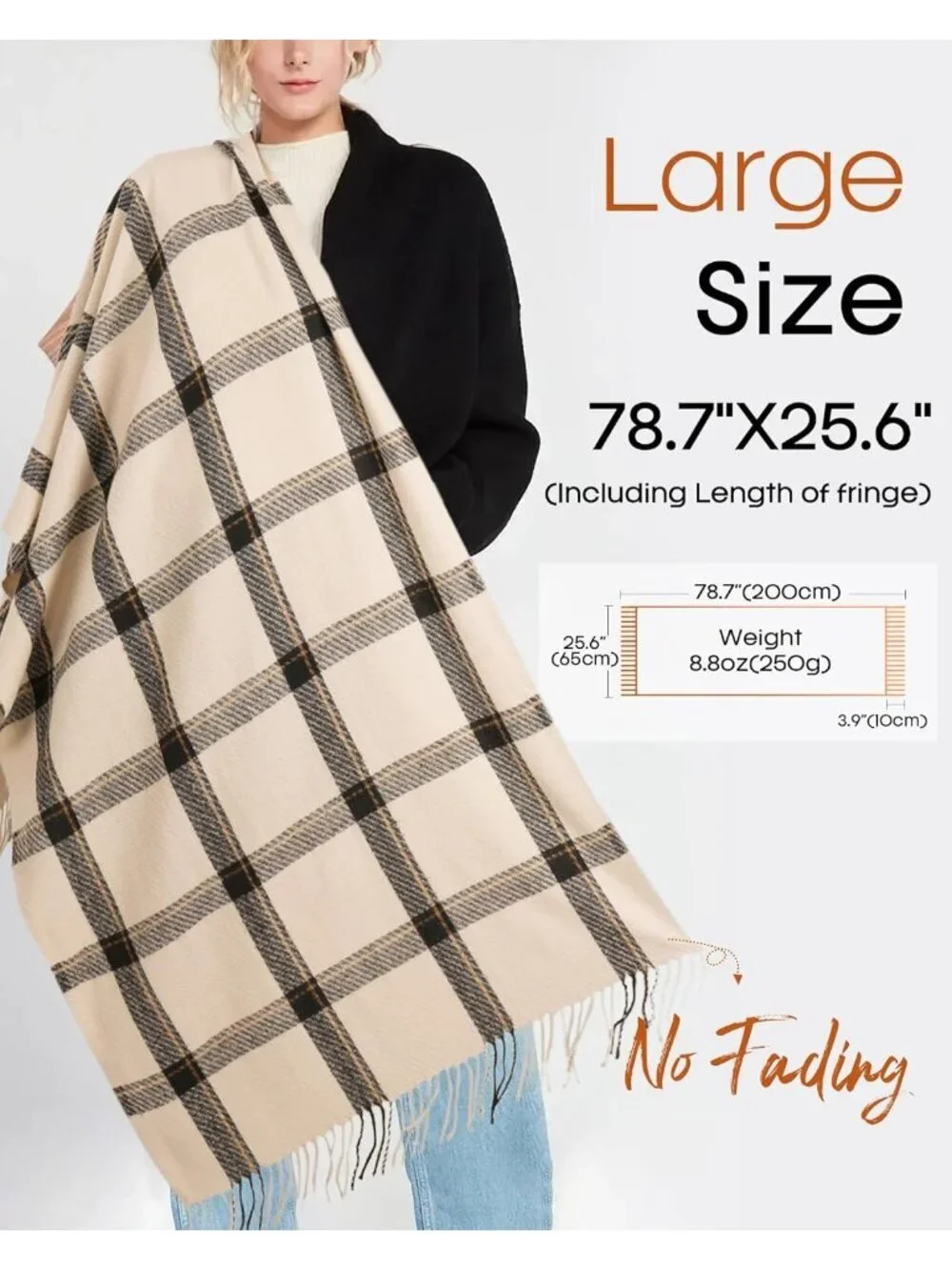 Women's Beige Shawl Soft Tassel Plaid Large Scarves Wraps Neck Scarves